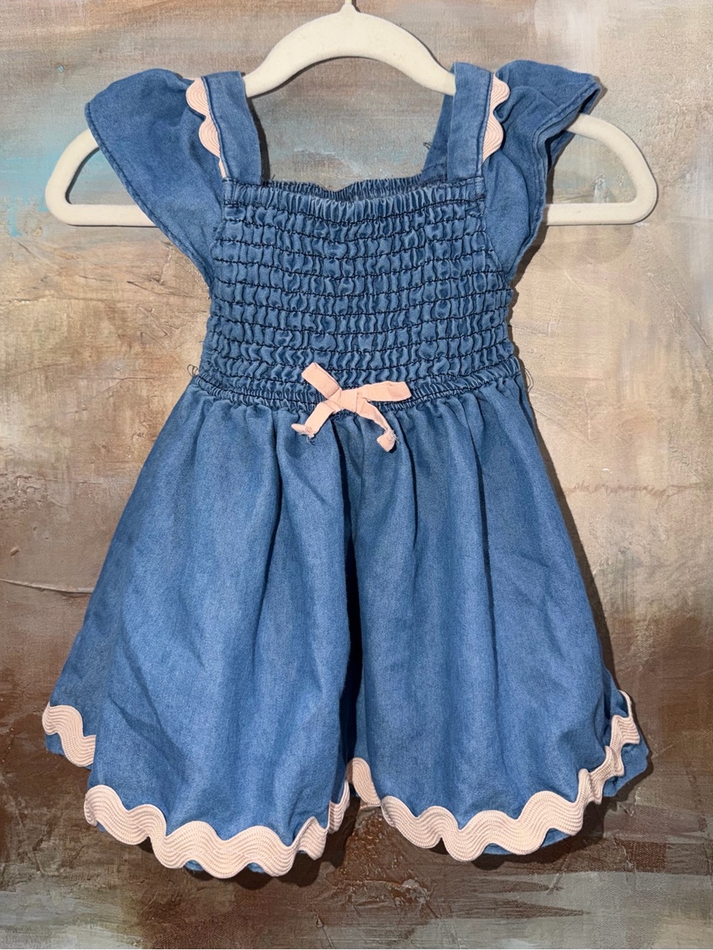 Penelope Mack Blue Denim-Style Smocked Dress with Pink Trim